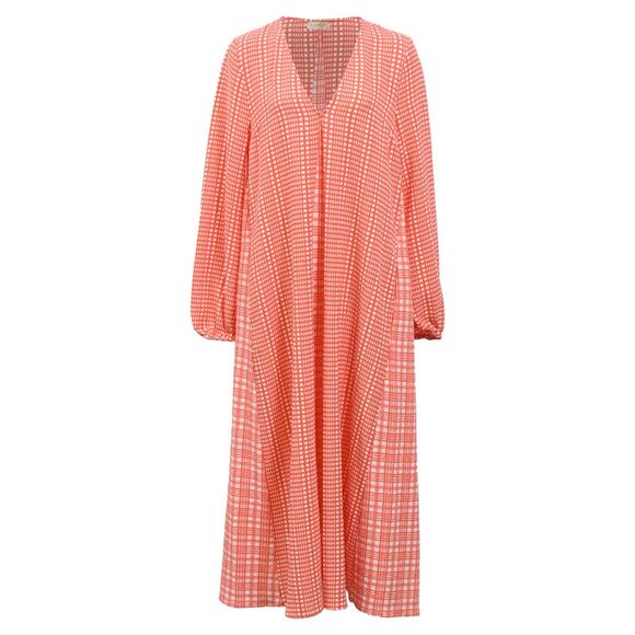 Stine Goya Leila Plaid V-Neck Midi Dress in Coral Polyester